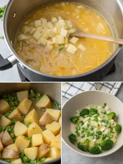 Step-by-step process of making potato broccoli cheese soup, including melting butter, making roux, cooking vegetables, and serving the finished soup.