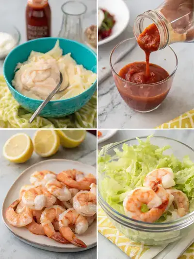 Step-by-step preparation of Prawn cocktail, showcasing sauce mixing, prawns being tossed, serving glasses with lettuce, and final presentation with garnishes.