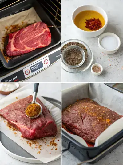 Four-step process of preparing beef brisket flat, including preheating the oven, making a dry rub, preparing the brisket, and applying the rub.