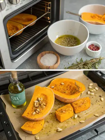 A step-by-step visual guide to preparing Roasted Squash, showcasing the oven, halved squash, seasoning process, and arranged slices on a baking sheet.