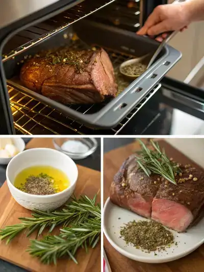 Four-step process of preparing a strip loin roast, including preheating the oven, seasoning the roast, and preparing the herb mixture.