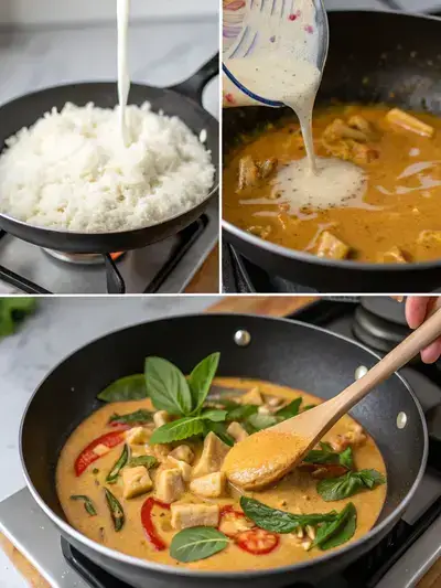 Visual breakdown of the steps involved in preparing Panang Thai curry, shown in clear segments.