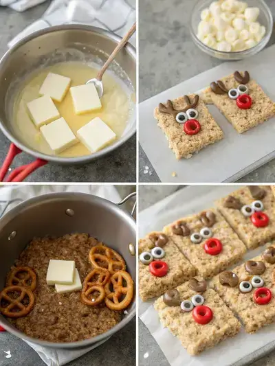 Step-by-step process of making Reindeer rice krispies treats, including melting butter, adding marshmallows, folding in Rice Krispies, and decorating with pretzel antlers and candy eyes.