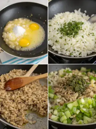 Step-by-step process of making rice stuffing, including melting butter, sautéing vegetables, mixing in rice, and garnishing with parsley.