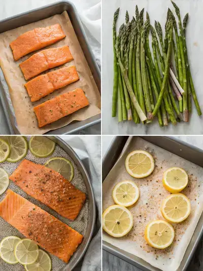 Step by step preparation of sheet pan salmon with asparagus and lemon slices, showcasing the cooking process in a divided image format.