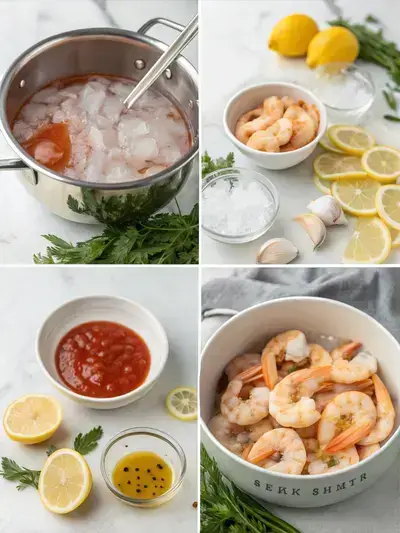Four-step process of making shrimp cocktail, including boiling water, cooking shrimp, chilling shrimp in ice bath, and preparing cocktail sauce.