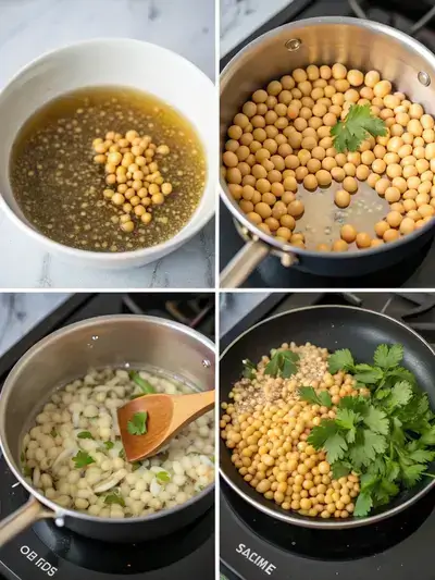 A step-by-step visual guide for preparing a soybean recipe, showcasing soaking, cooking, sautéing, and serving.