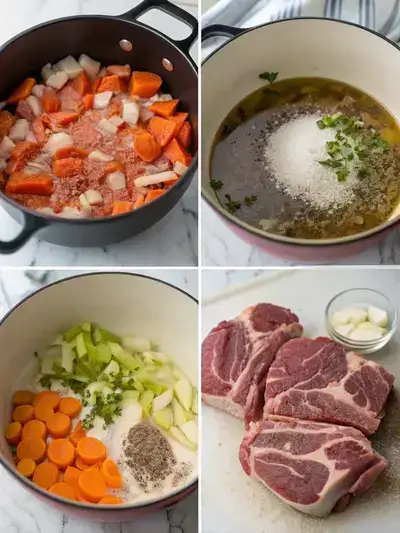Step-by-step preparation of veal shanks, including seasoning, browning, sautéing vegetables, and combining ingredients in a pot.