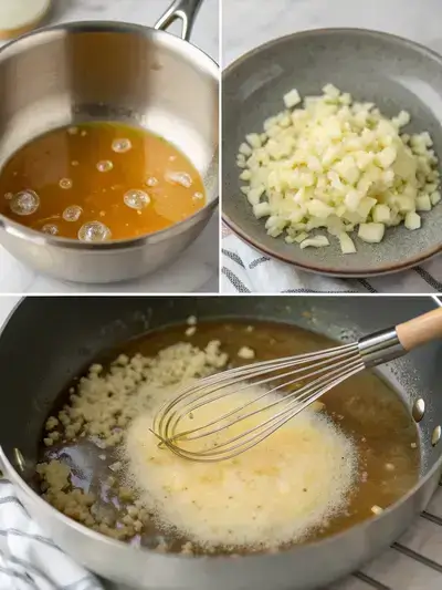 Step-by-step process of making vegan gravy, including melting vegan butter, sautéing onions, adding garlic, and making a roux.