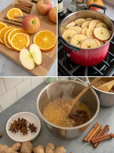 A visual representation of the steps to make spiced apple cider, showcasing ingredients, cooking process, and final serving.