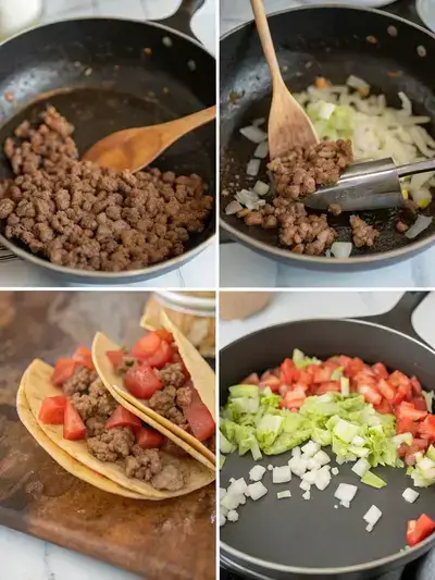 Step-by-step preparation of Taco Gringo, showcasing heating oil, cooking onions, browning beef, and filling taco shells.