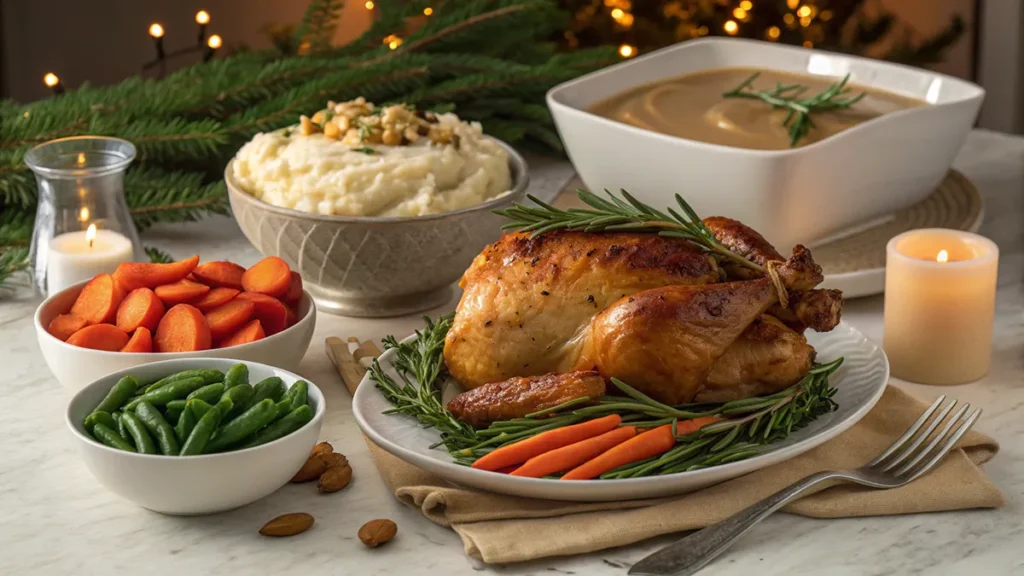 Christmas Eve dinner with herb roasted chicken, mashed potatoes, glazed carrots, green beans and gravy