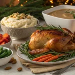 Christmas Eve dinner with herb roasted chicken, mashed potatoes, glazed carrots, green beans and gravy