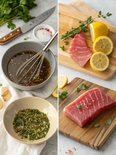 Four-step process of preparing tuna steak, including whisking marinade, marinating tuna, preheating skillet, and serving seared tuna steak.