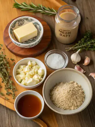 Ingredients for vegan gravy displayed on a kitchen table.