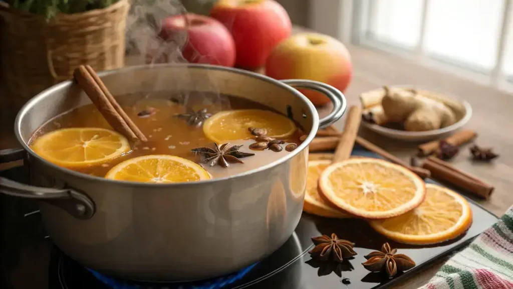 A pot of spiced apple cider with orange slices and spices on a stovetop.