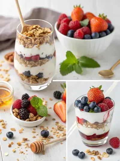 Step-by-step process of making yogurt parfaits with granola and fruit, divided into four sections.