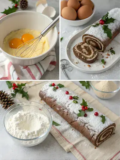 Step-by-step process of making a Yule Log cake, including mixing ingredients, rolling the cake, and the final decorated cake.