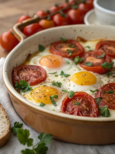 Baked eggs with roasted tomato slices and herbs in a ceramic skillet on a rustic table.