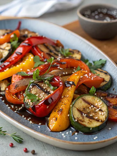 Roasted bell peppers, zucchini, eggplant, and onions glazed with balsamic, topped with herbs and sesame seeds.