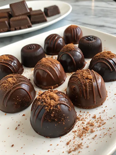 Assorted chocolate truffles on a white plate, topped with cocoa dust and chocolate drizzle.