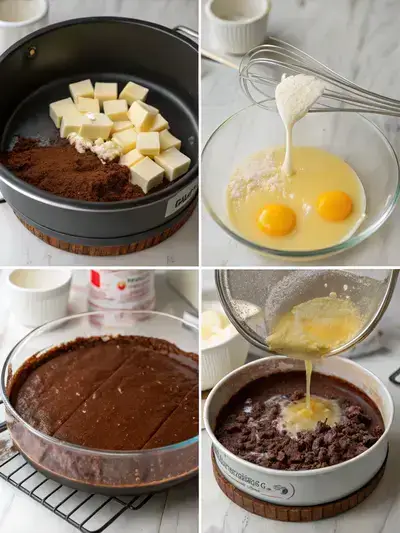 Illustration of chocolate torte steps: oven preheat and pan prep, chocolate and butter melting in a double boiler, sugar and eggs folded into chocolate, and batter poured into the pan