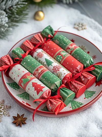 Holiday plate of Christmas crackers wrapped in red and green paper with ribbon ties.