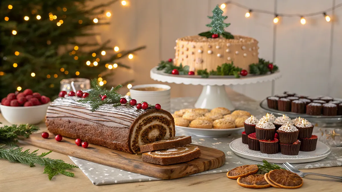 Christmas desserts table with Yule log cake, gingerbread cookies, brownies, cheesecake cups and sugar cookies