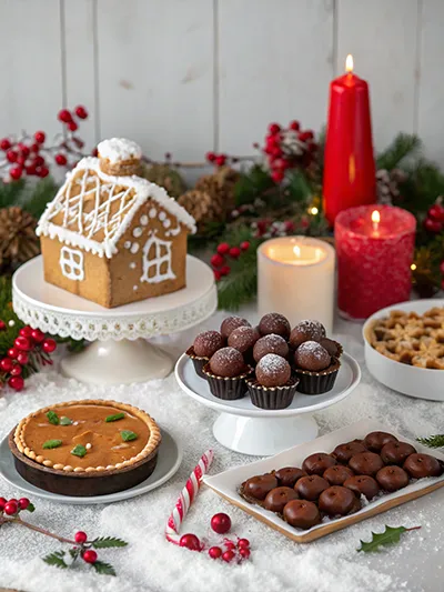 Christmas dessert table with Yule log cake, gingerbread cookies, brownies, cheesecake cups and sugar cookies