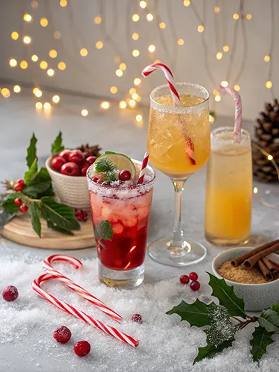 Christmas drink station with hot chocolate, spiced apple cider, cranberry mocktail and iced peppermint latte