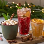 christmas mocktails drink station with hot chocolate, spiced apple cider, cranberry mocktail and iced peppermint latte