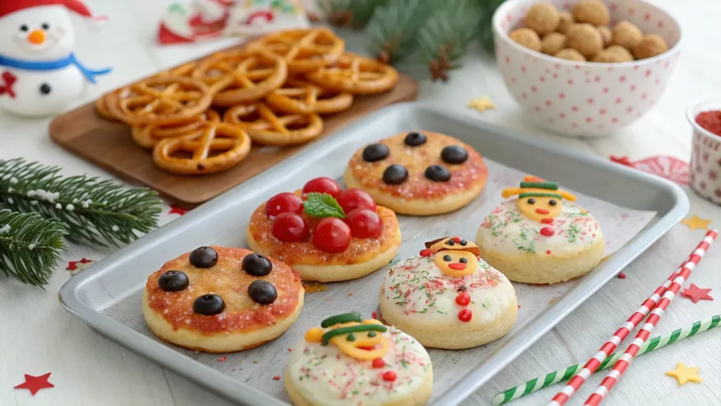 christmas recipes for kids like snacks with pizza faces, reindeer rice krispies treats, fruit kabobs, sugar cookies and puff pastry hot dogs