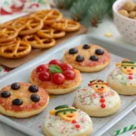 christmas recipes for kids like snacks with pizza faces, reindeer rice krispies treats, fruit kabobs, sugar cookies and puff pastry hot dogs