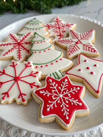 Decorated Christmas sugar cookies with red and green icing in snowflake, tree, and star shapes.