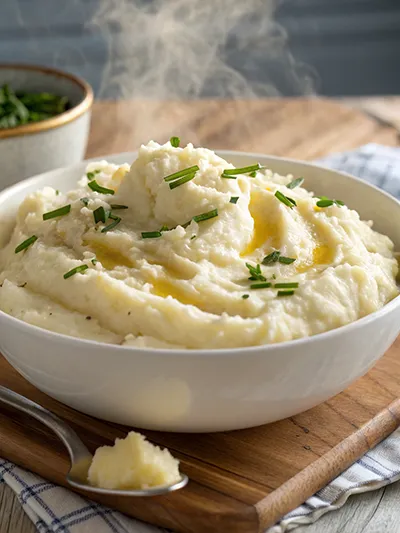 Steaming bowl of creamy mashed potatoes topped with chopped chives on a wooden board.