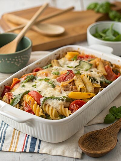 Baked pasta with vegetables and melted cheese in a white casserole dish.