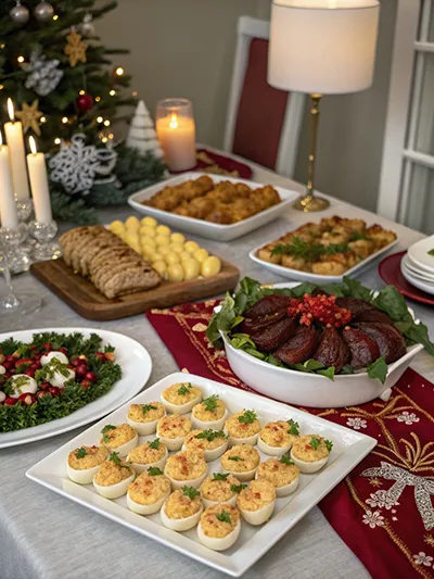 Festive Christmas Eve buffet table with deviled eggs, roast meat, potatoes, bread and salads with candles and Christmas tree in the background