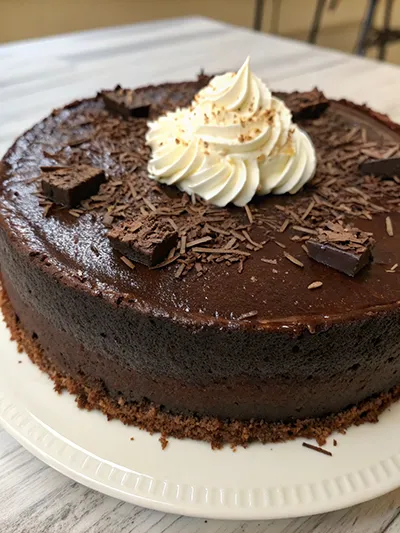 Flourless chocolate cake topped with whipped cream, chocolate shavings, and chocolate pieces on a white stand.