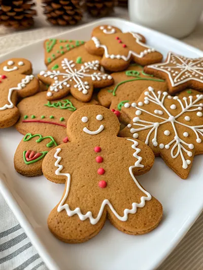 Gingerbread cookies decorated with white and red icing, including a smiling gingerbread person and snowflakes.