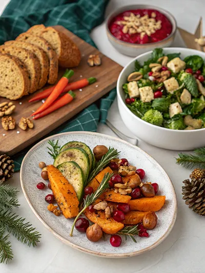 Gluten free Christmas dinner with roasted beef, rice stuffing, roasted vegetables, cookies and flourless chocolate cake