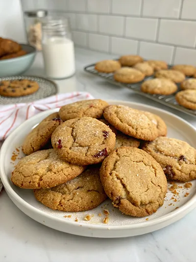 Plate of gluten-free cookies with a soft, crinkled texture, with more cookies cooling in the background.