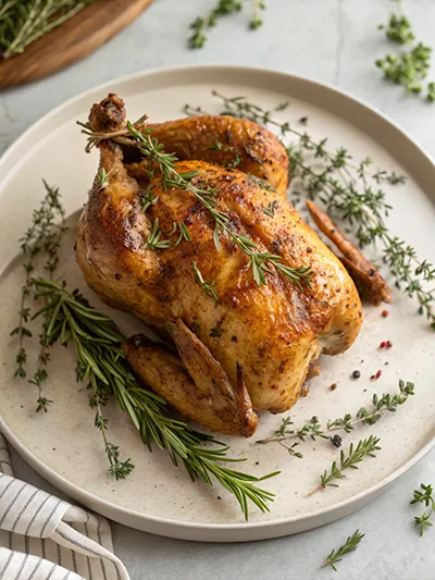 Golden herb-roasted whole chicken on a plate with rosemary and thyme.