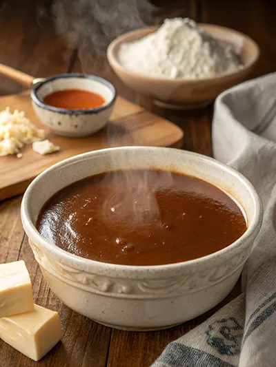 Bowl of steaming brown gravy on a rustic table with butter and flour in the background.