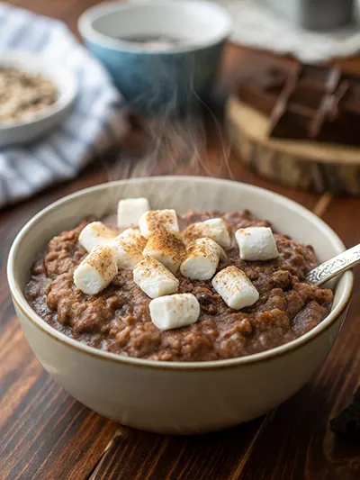 Steaming chocolate oatmeal topped with mini marshmallows and a dusting of cocoa or cinnamon.