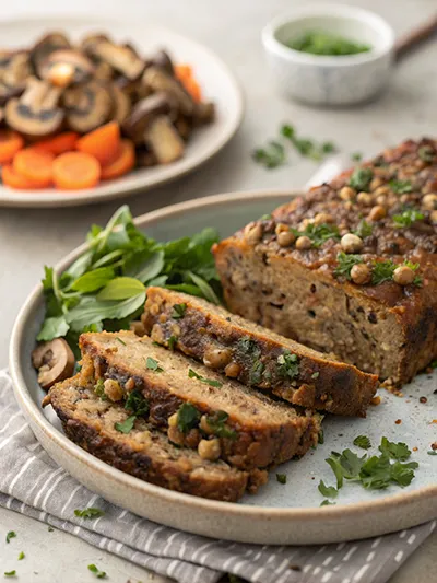 Sliced mushroom lentil loaf topped with herbs, served with greens on a plate.