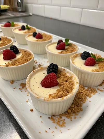 Individual no-bake cheesecake cups topped with berries and cookie crumbs on a serving tray.