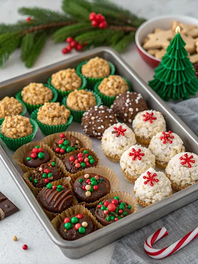 No bake Christmas treats including chocolate truffles, rice krispies trees, Oreo cheesecake, peanut butter bars and parfaits