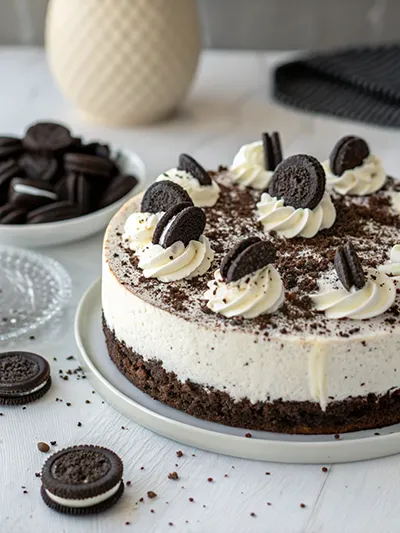 No-bake Oreo cheesecake with whipped topping and mini Oreo cookies on a plate.