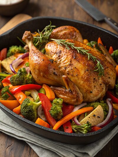 Whole roasted chicken in a skillet surrounded by broccoli, peppers, carrots, and onions.