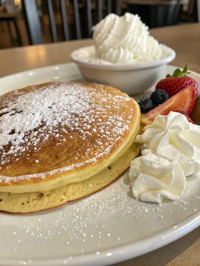 Oven-baked pancake dusted with powdered sugar, served with whipped cream and fresh berries.
